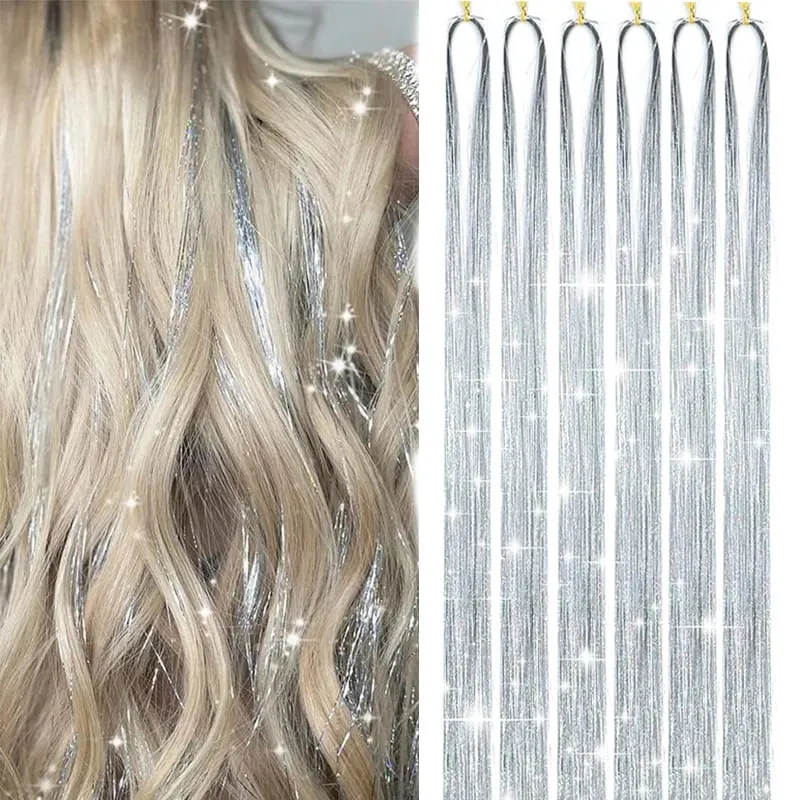 Synthetic 6PCS Sparkle Shiny Tinsel Hair Extensions Colored Long Straight Tinsel Kit 1200 strands Hairpiece for Girls Party Use