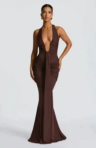 Giyu Sexy Evening Club Party Dresses Women 2025 Summer Ruched Bodycon Dress Deep V Neck Halter Draped Backless Elegant Robe