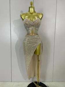 Třpytivé flitrové korálky Sexy dvoudílná sada bez ramínek Ženy Večerní oslava Noční klub Party Luxusní narozeninové šaty Kostým na pódiu