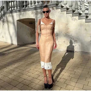 Conjunto de vestido elegante transparente de malla superpuesta para mujer, vestidos largos ajustados sin mangas con cuello en V y cintura cerrada, traje femenino de verano 2026