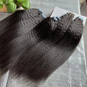 Kinky Straight Invisible Tape In Hair Extensions 100% Raw Virgin Human Hair Adhesive Seamless PU Skin Weft Full Head 40pcs
