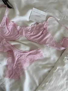 Ensemble de soutien-gorge rose sans doublure, bonnet complet, à armatures, garniture en dentelle, confortable, minimaliste, sans couture, doux pour la peau, soutien-gorge et culotte au quotidien