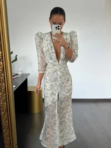 Moda Sexy Organza Floral impreso Maxi Vestido con cuello en V manga Puff 2026 nuevo verano romántico Mujer Vestido de fiesta elegante Vestido de señora