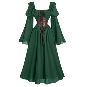 Robe longue de palais pour femmes, style médiéval européen et américain, Vintage, manches en corne, taille, col carré, manches chauve-souris, nouvelle collection
