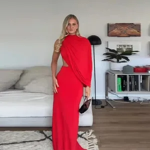 Robe Maxi drapée asymétrique rouge, dos nu, asymétrique épaule dénudée, col haut, découpe, moulante, robe de soirée pour femmes, soirée formelle