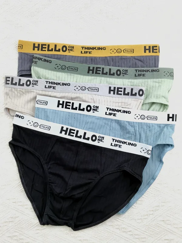 5er-Pack Baumwoll-Slips für Herren mit HELLO-Bund und strukturiertem Design für bequeme Unterwäsche