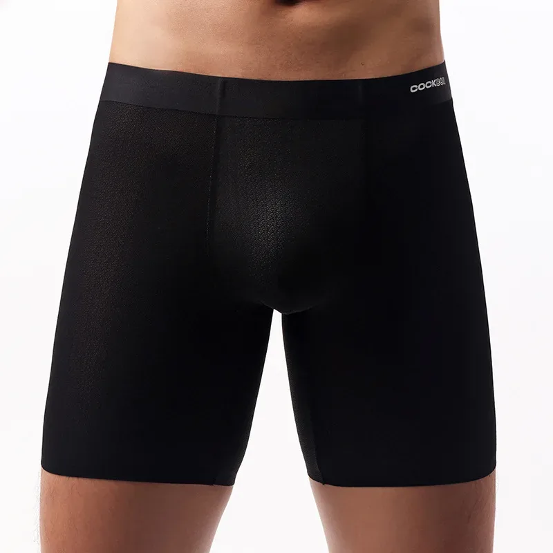 Ice Silk Long Boxer Shorts Panlalaking Ultra-manipis Breathable Sports Underwear Sexy See Through Panties Lalaki Quick Dry U Pouch Underpants