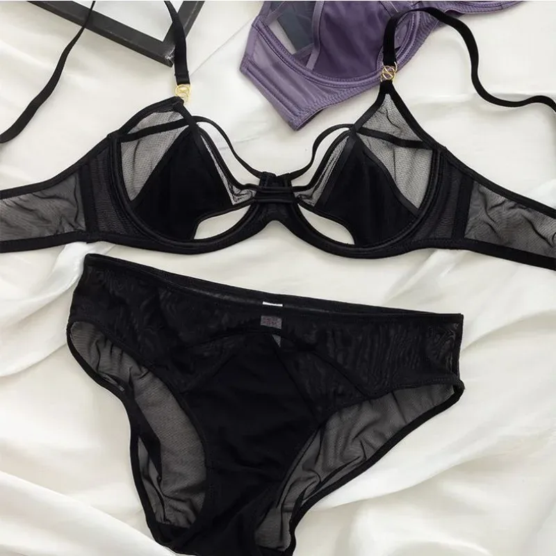 Hot Sale Sheer Mesh Lingerie Set No Padding Soft Wire Push Up See Through Floral Lace Bralette Dark Romance Style