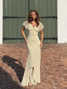 Vestido largo de gasa con estampado Floral para mujer, vestido romántico con escote en V profundo y manga acampanada, vestido elegante de verano 2026