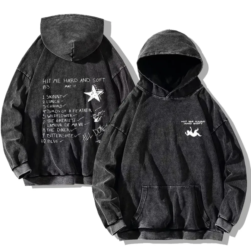 Hit Me Hard and Soft Washed Mikiny Vintage Bavlna Pulovr s kapucí Pánské Dámské Volné Volné Gotické Mikiny Y2K Kabát Unisex