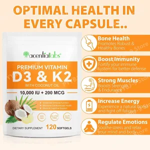 Acentiallabs Premium Vitamin D3 K2 Softgels kosttilskud Kokosolie Vitamin D3 AK2 bløde kapsler til immunstøtte til voksne