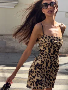 Classic Leopard Print Mini Dress Thin Strap Square Neck Side Ruched Criss Cross Lace Up Backless Slim Robe Summer Club Vestido