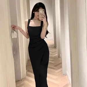 Women Premium Light Green Draped Square Neck Mid Calf Dress Lady Elegant Sleeveless Side Slit Dress Female Summer Concise Dress