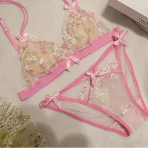 Conjunto de bralette de renda sexy para mulheres copo triangular sem fio lingerie confortável