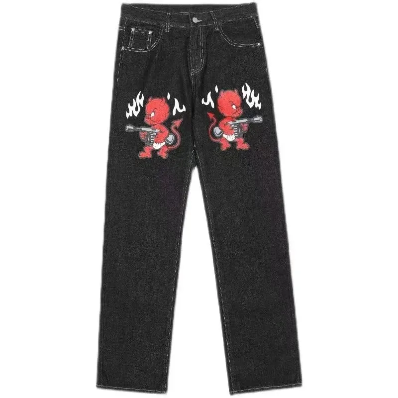 Cross Pattern Design White Flash Fashionable Element Baggy Denim Pants Daily Commute Necessary Minimalism Straight Leg Jeans