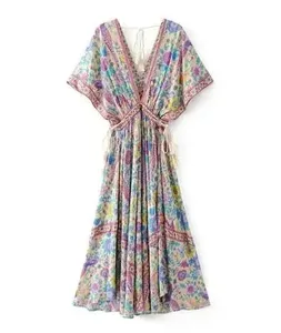 Boho Queens mujeres Pavo Real estampado Floral manga murciélago playa bohemio Maxi Vestidos señoras cuello en V borla vestido de verano Vestidos