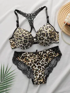 Souprava podprsenky s leopardím vzorem se zapínáním vpředu a s kosticí Push Up spodní prádlo pro ženy Sexy krajkové dvoudílné oblečení Bralette a kalhotky