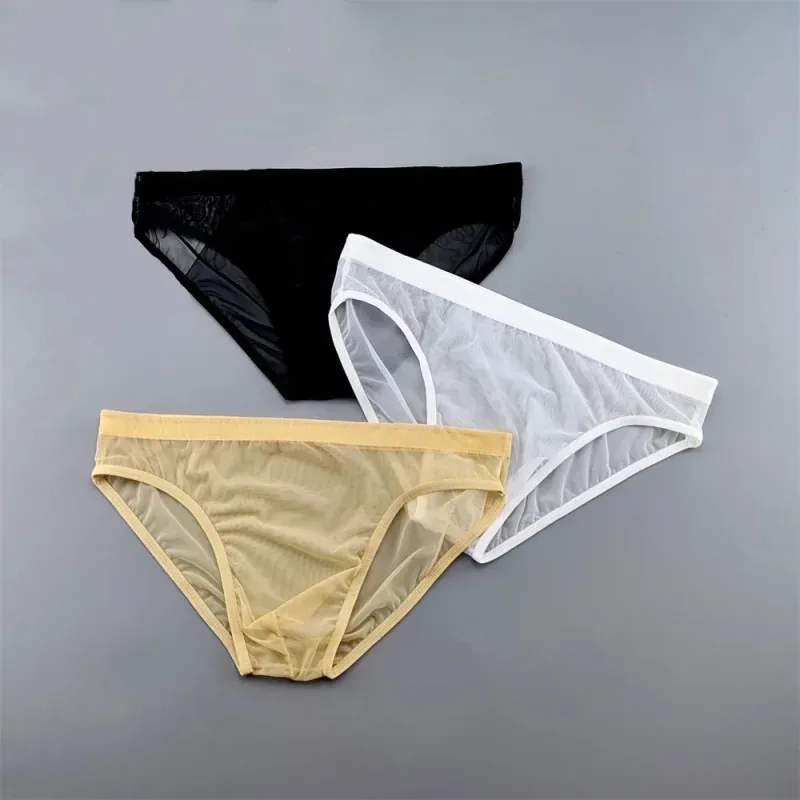 Sous-vêtements transparents de grande taille, slips Sexy pour hommes avec pochette en Nylon, slips respirants, culottes masculines XL-4XL