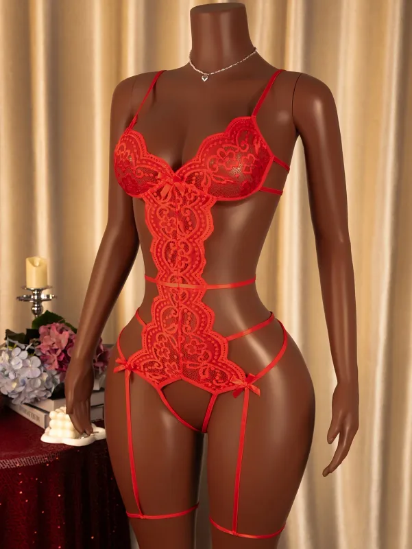 Plus Size Women’s Lace Bodysuit Hollow Out Lace-Up Floral Bodystocking Sheer Romantic Lingerie for Valentine’s Day Nightwear