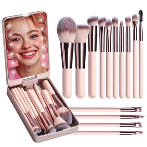 Sada 14 ks štětců na make-up s osvětleným zrcadlem Přenosná sada dobíjecích štětců na make-up s krátkou rukojetí LED USB