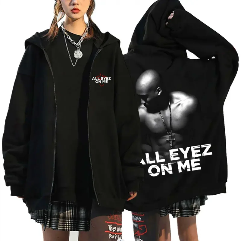 Rapper Tupac 2pac All Eyez On Me Hoodie Ritsleting Silang Hoodie Ritsleting Mode Hip Hop Pria Wanita Pakaian Jalanan Besar Kasual Pria