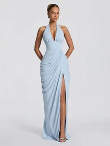 Sexy Solid Pleated Halter Dress Women Fashion Sleeveless Backless Waist-cinching Split Maxi Dresses 2026 Summer Lady Party Gowns