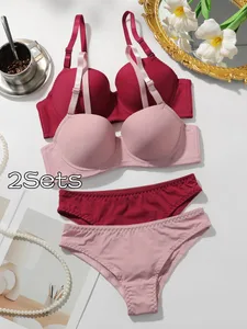 2 paquets de soutien-gorge rembourré à armatures pour femmes, T-Shirt Push Up solide avec culotte assortie, Lingerie sexy et confortable au quotidien