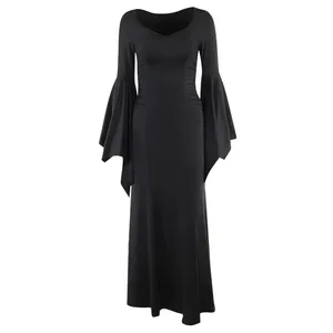 Costume d'Halloween pour femmes, robe de sol à manches chauve-souris, noir, gothique, terreur maléfique, Maxi maîtresse Morticia Addam, tenue de famille pour adultes