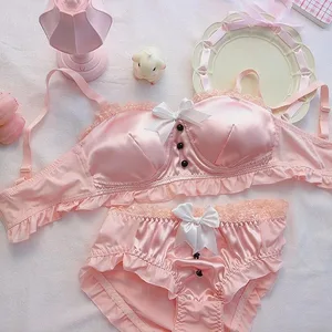 Japanisches süßes Retro-Dessous-Set, weiche süße Schleife, Nachtwäsche, bequemer BH ohne Stahlring für kleine Brüste